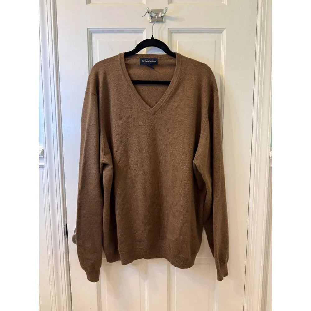 Brooks Brothers Merino Wool Stretch V-Neck Tight Knit Brown Mens Sweater Size XL - Picture 1 of 5